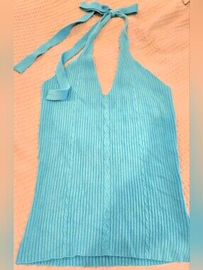 Daisy Fuentes Aqua Ribbed V-Neck Halter Sweater, M